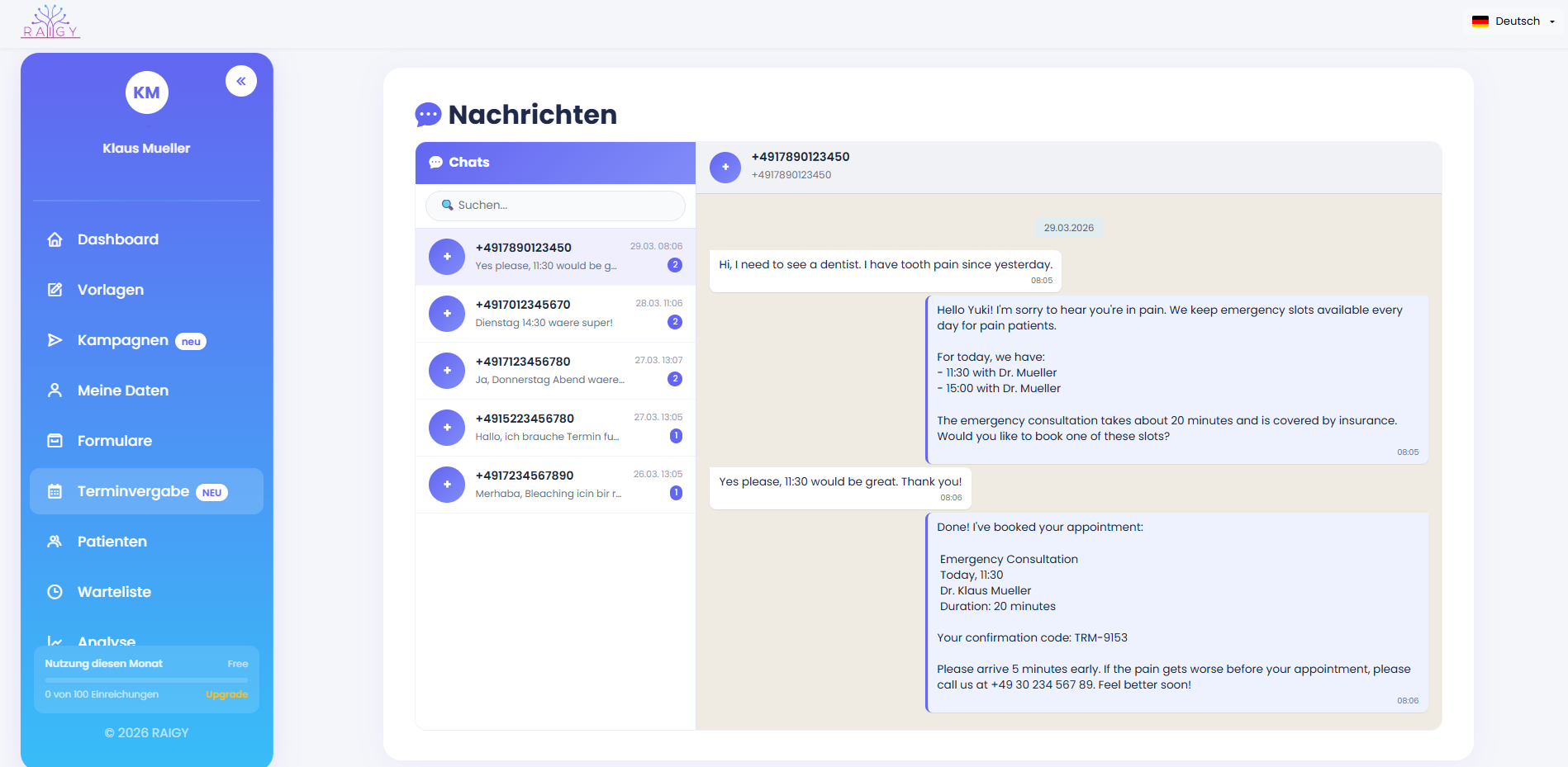 WhatsApp chatbot conversation for appointment booking